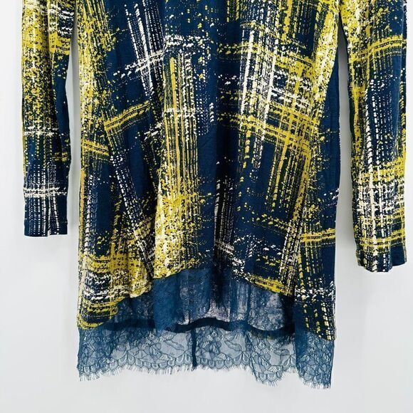 LOGO Lori Goldstein Size XS Navy Blue & Yellow Long Sleeve Lace Trim Tunic Top - Picture 3 of 9
